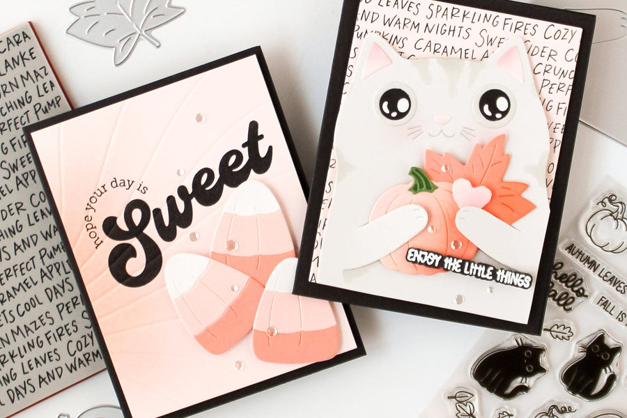 cozy season fall cards with cat, candy corn and pumpkins