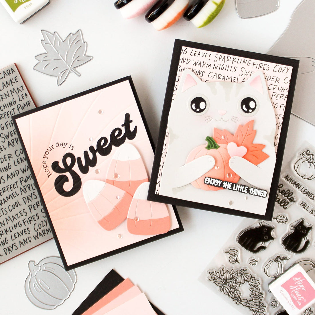 cozy season fall cards with cat, candy corn and pumpkins