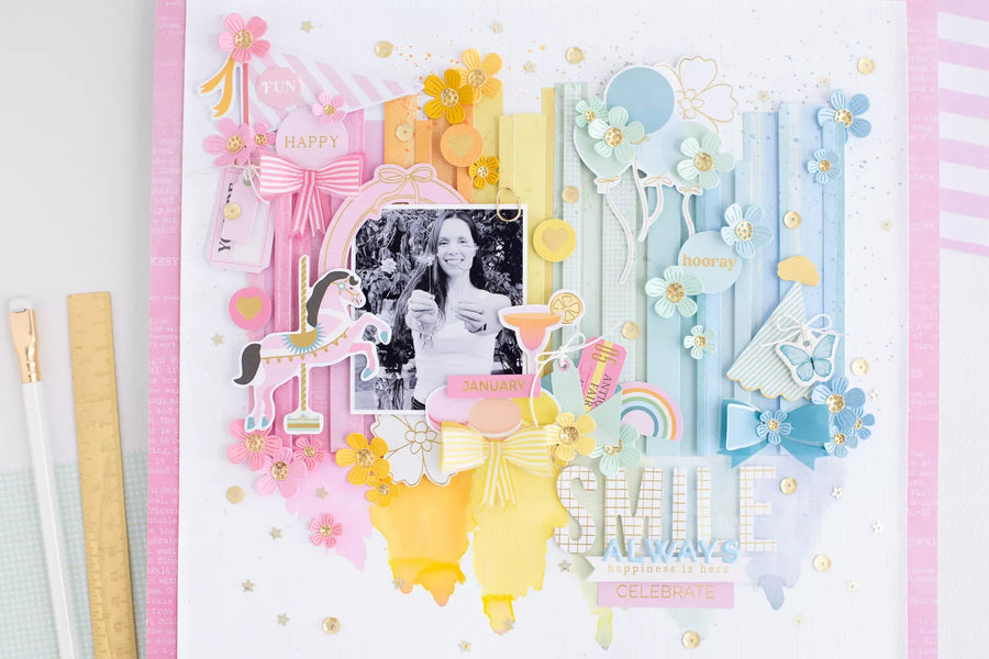 How to Create a Rainbow Scrapbook Layout with Die Cuts and Dimension
