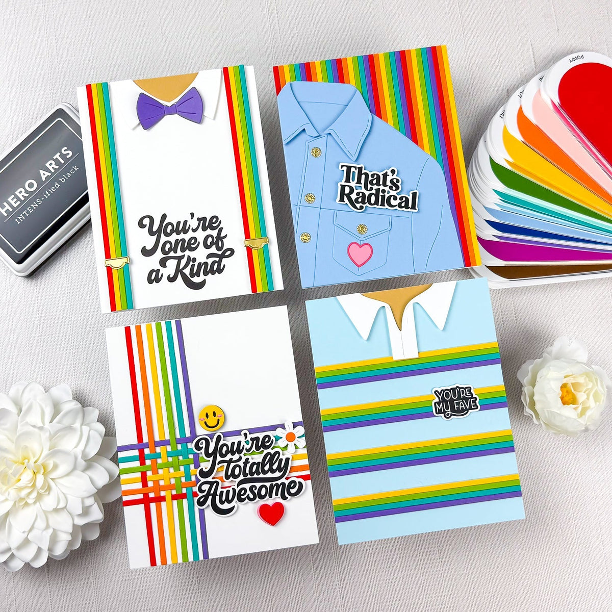 4 rainbow cards using suspenders dies