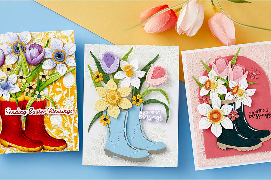 February 2024 Small Die of the Month Preview & Tutorials – Rain Boot Bouquet