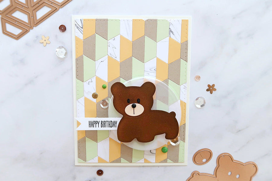 Adorable Birthday Card Ft. Half Hex Quilt & Bear Scout