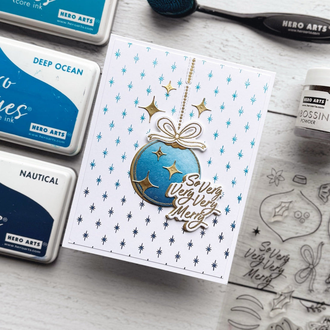 Elegant Blue & Gold Holiday Card with Heat Embossing