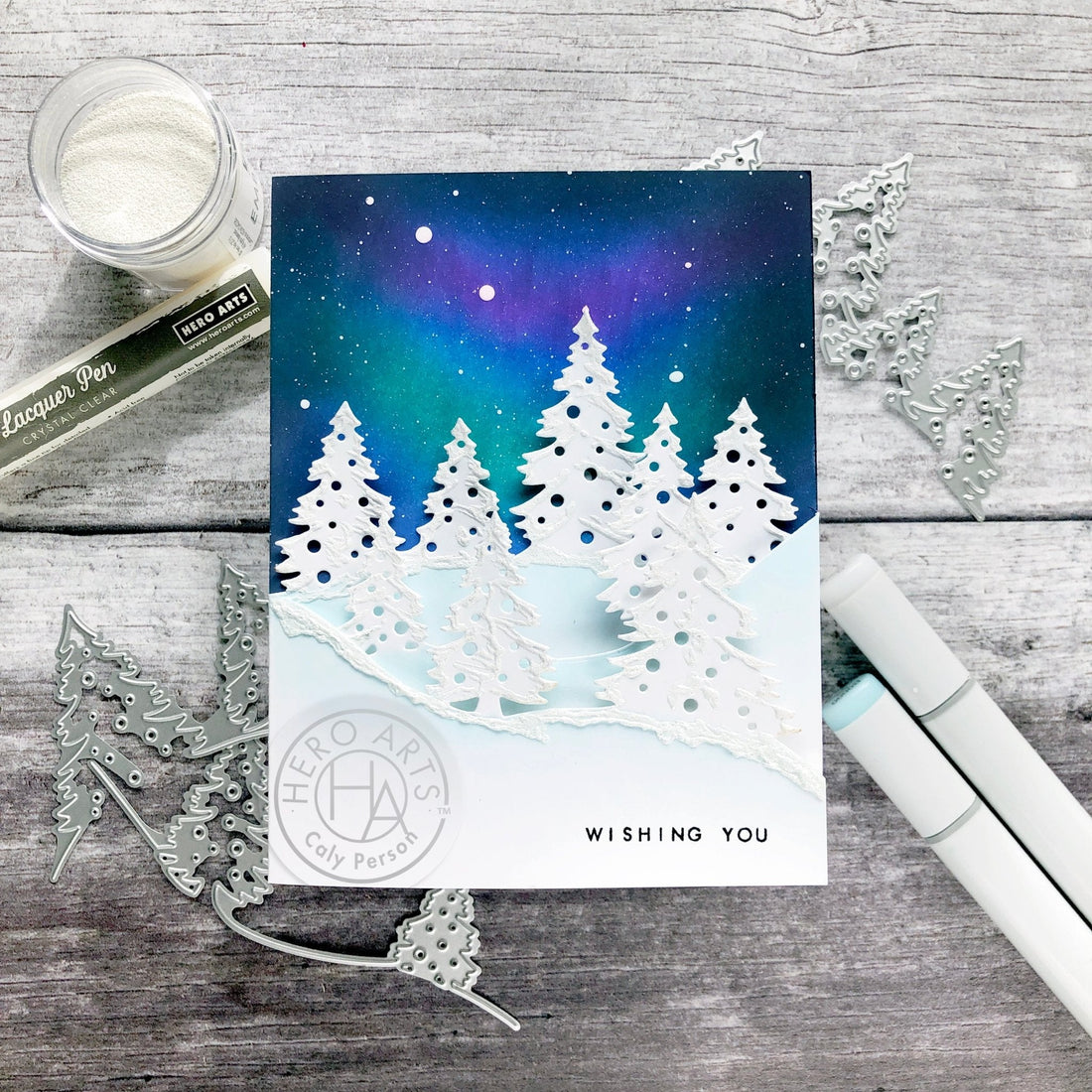 Northern Lights Winter Pine Tree Line