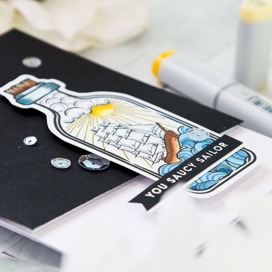 Inked Messages Inspiration | You Saucy Sailor Card Featuring Message In A Bottle Stamp and Die Set