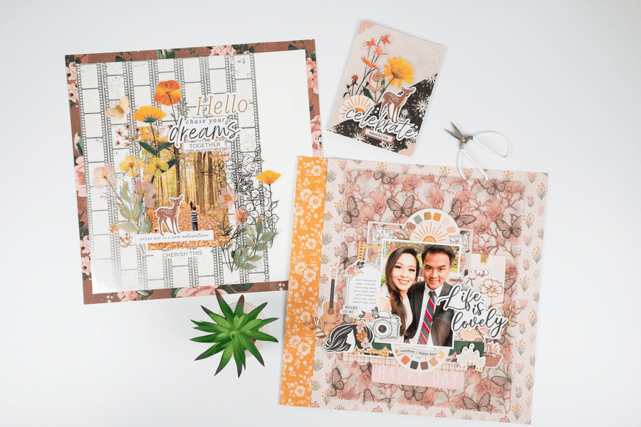 2 Layouts and a Card Using Golden Afternoon by Rosie’s Studio