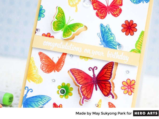 Video: Butterfly Birthday Card using Colored Stamping (+Ink Pad Organization Tips) - Hero Arts