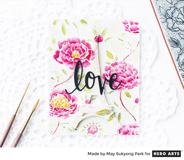 Watercolor Floral Background Card with Eiffel Tower