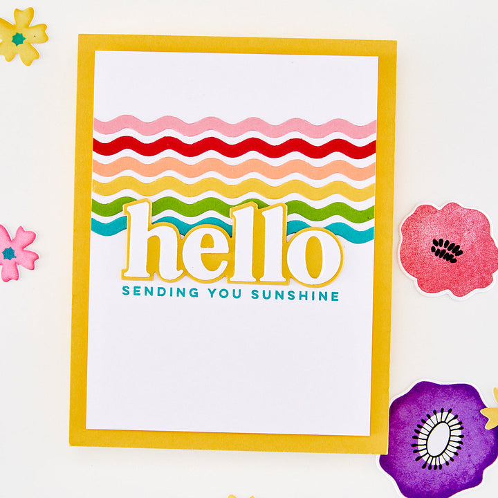 Colorful card with 'hello, sending you sunshine' text on a white background with decorative flowers.