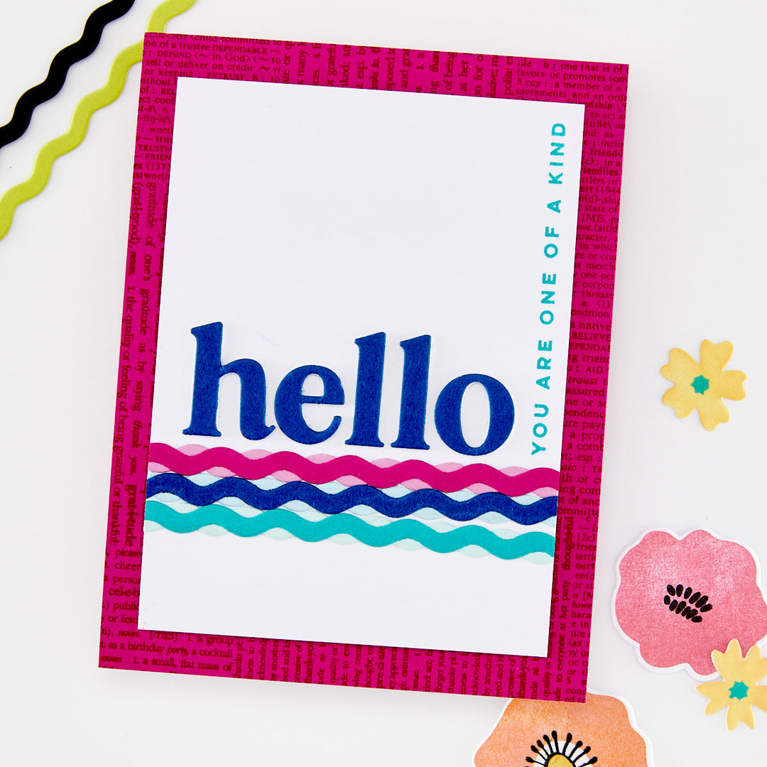 Colorful card with 'hello' text and decorative elements on a white background