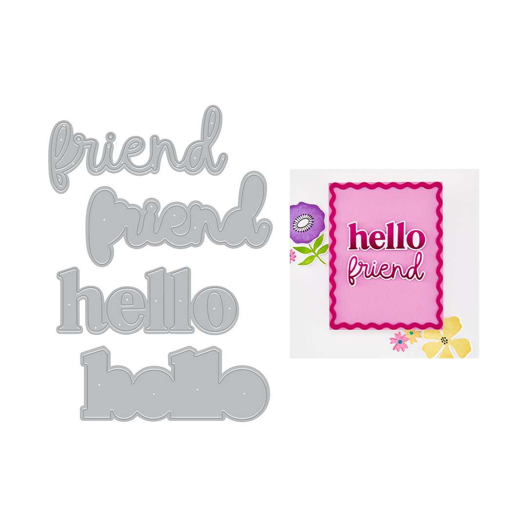 Set of metal dies and a card with 'hello friend' with a pink background.