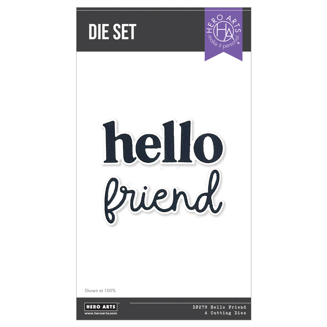 Hero Arts 'hello friend' die set packaging on a white background