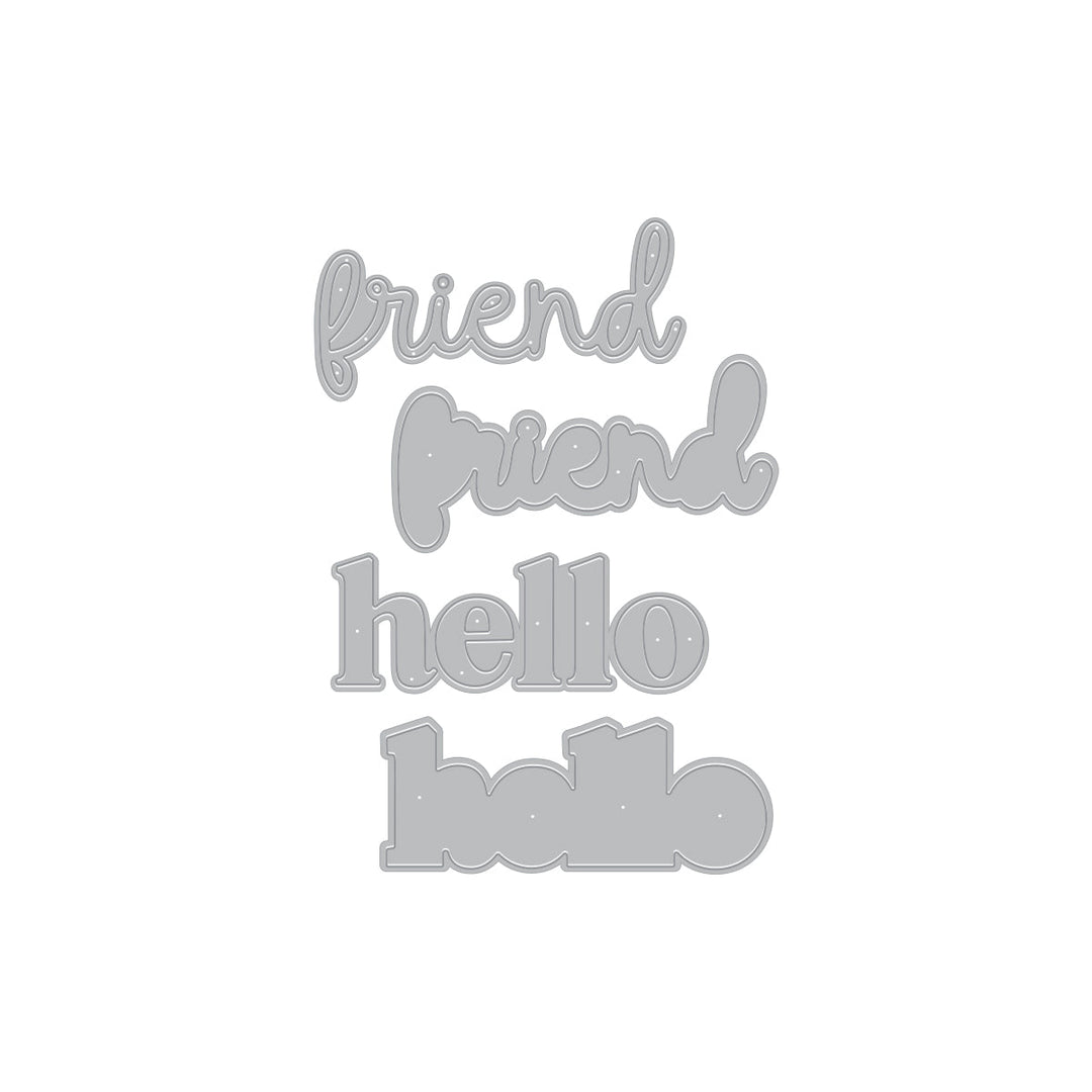 Set of metal dies of words 'friend' and 'hello.'