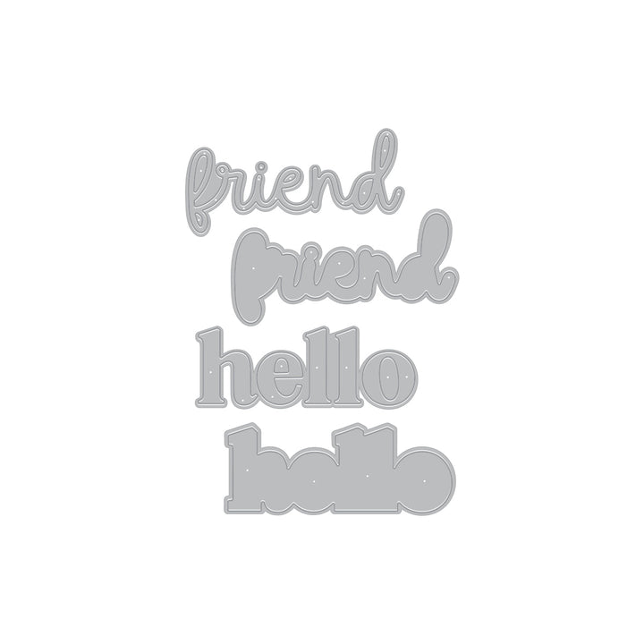 Set of metal dies of words 'friend' and 'hello.'