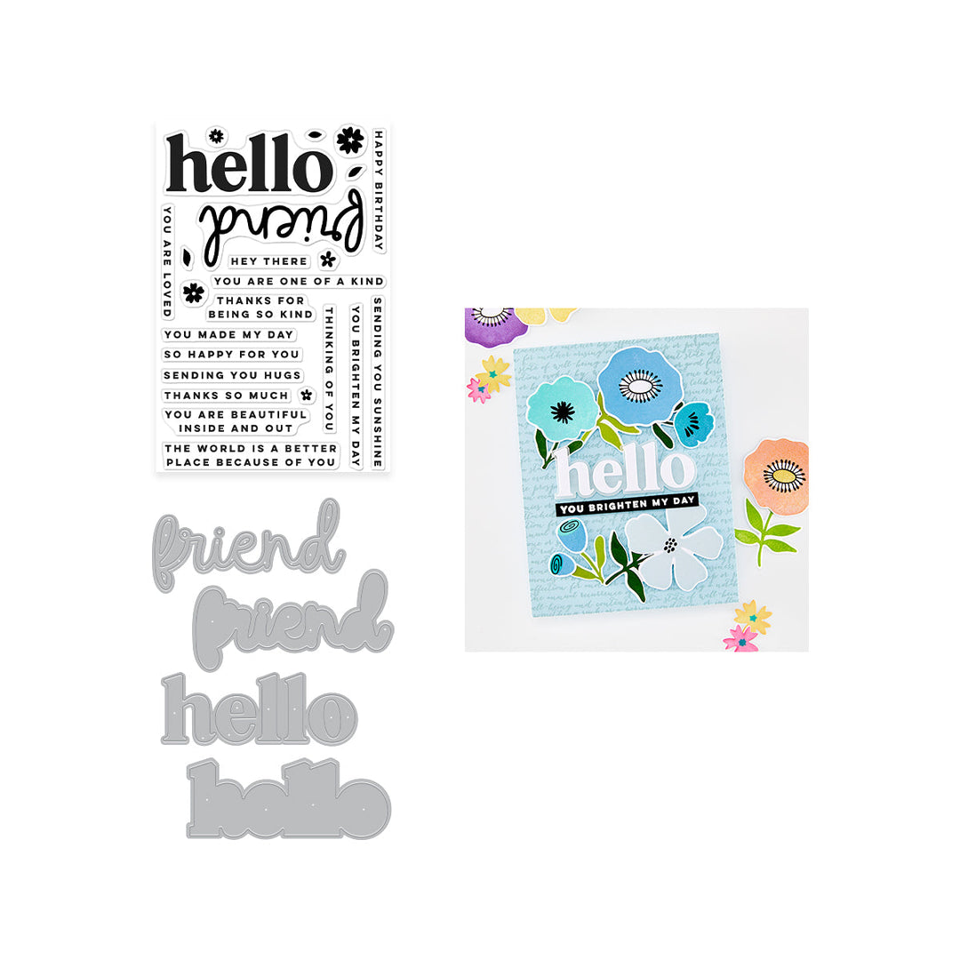 Card with floral design and 'hello friend' text on a white background
