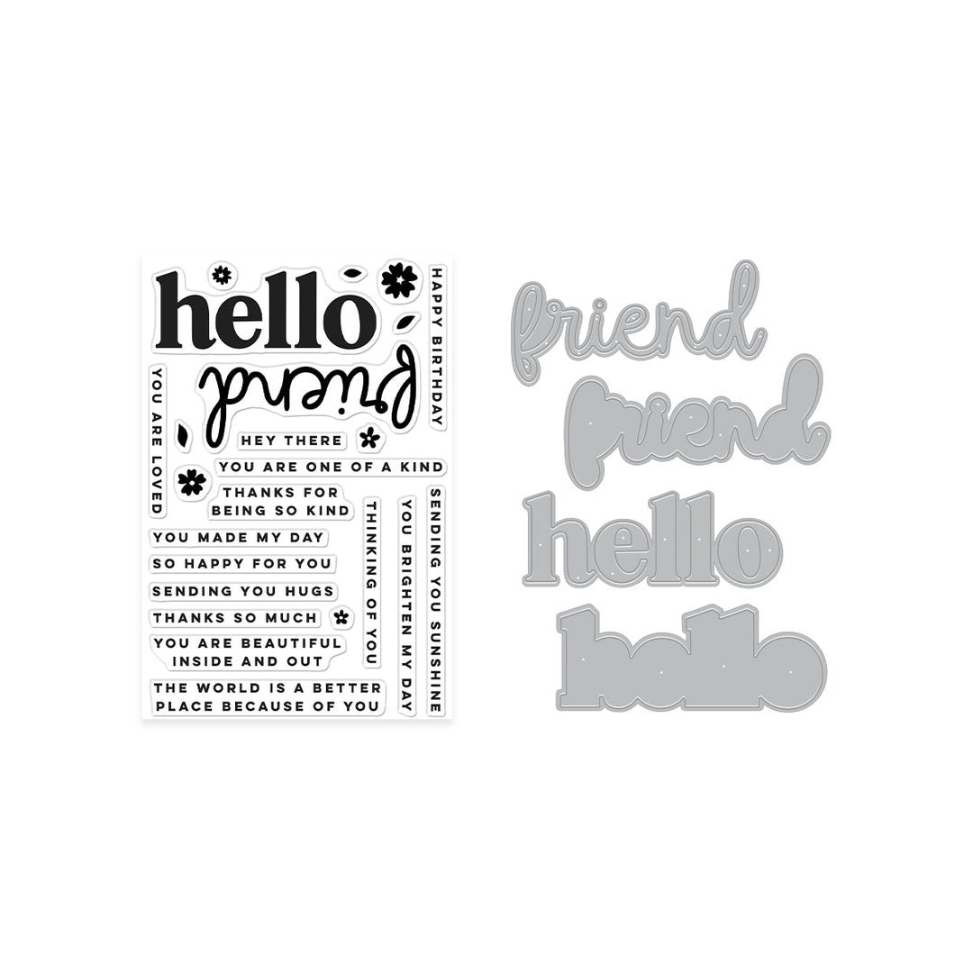 Set of clear stamps with phrases and a set of metal dies.