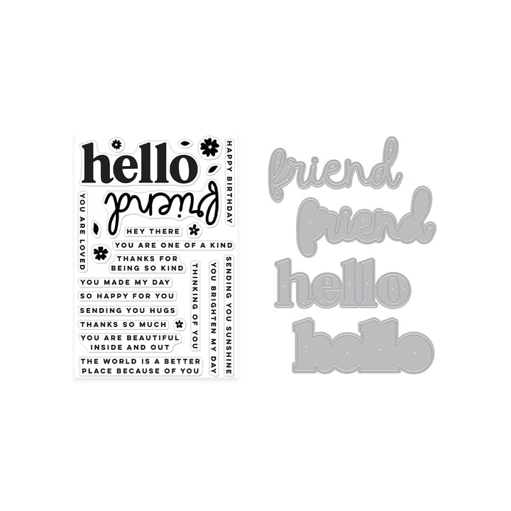 Set of clear stamps with phrases and a set of metal dies.